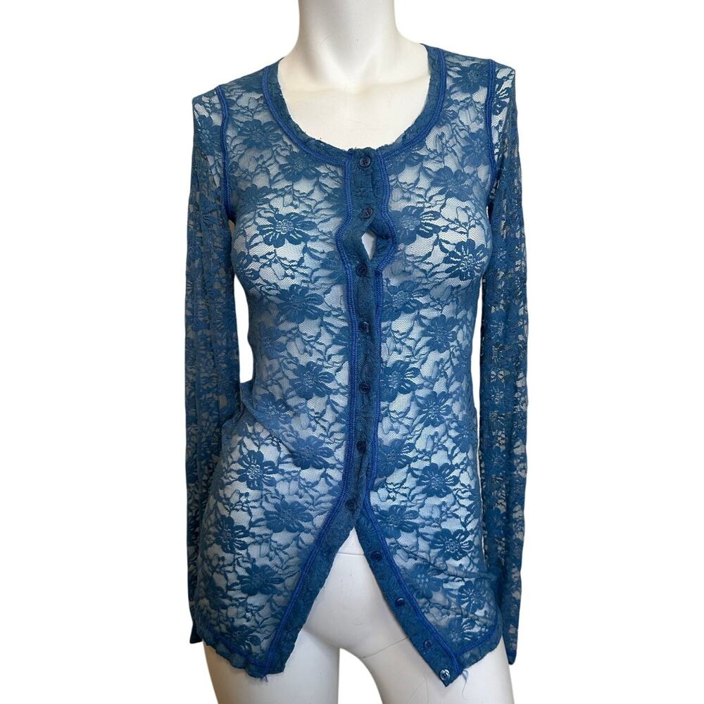 Theodore Beverly Hills Blue Floral Lace Sheer Button Front Top XS Y2K USA - Picture 2 of 11
